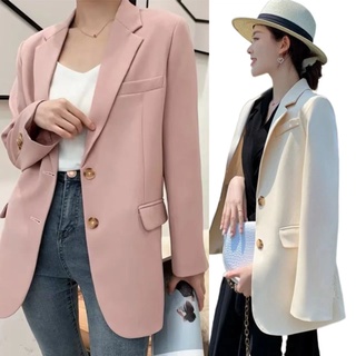 เสื้อเบลเซอร์ลําลอง สีชมพู สไตล์เกาหลี สําหรับผู้หญิง