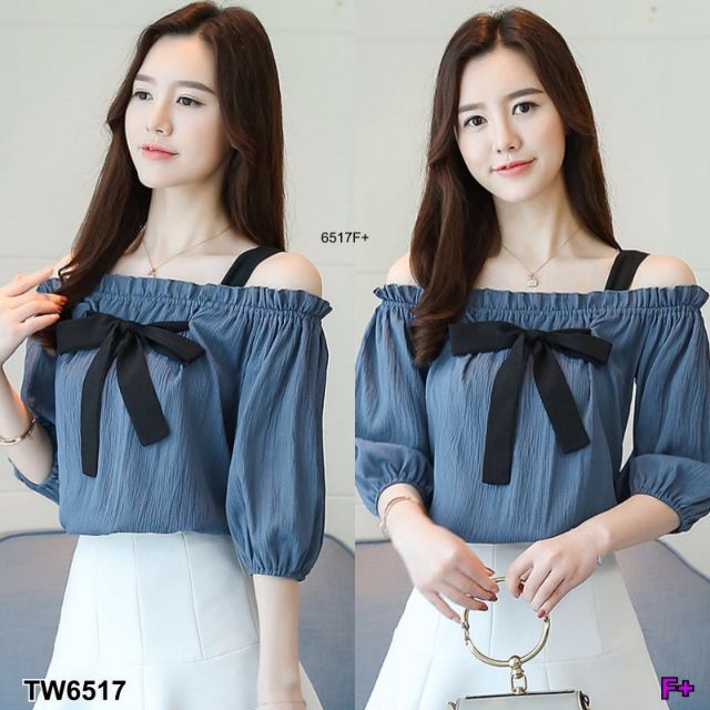 lt-tw6517-gt-set2ชิ้น-เสื้อสายเดี่ยวปาดไห่ลผูกโบว์-กระโปรงเอวสูง-เสื้อสายเดี่ยวปาดไห่ลระบาย-แบบผูกเอง