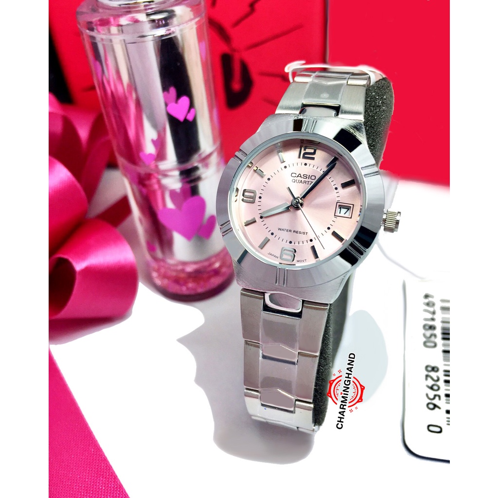 นาฬิกาข้อมือผู้หญิงแท้-casioแท้-คาสิโอลดราคา-สายสแตนเลส-หน้าปัดสีชมพู-ตัวเรือนขนาดเล็ก-casioถูก-ย้ำขายเฉพาะนาฬิกาของแท้