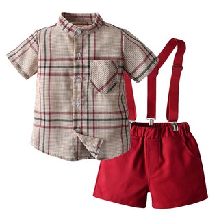 ชุดเด็กผู้ชายเอี้ยมแดงสก็อตใหญ่ สินค้าผ้าเนื้อดี สินค้าได้รับ 3 ชิ้น เสื้อ กางเกง สายเอี้ยม ใส่ครบสูตรออกงานได้