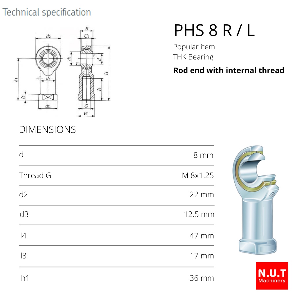 ตลับลูกปืนตาเหลือก เกลียวใน มีหัวอัดจารบีในตัว Rod End THK PHS 8 R/L ...