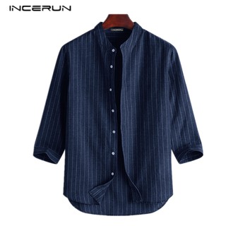 สินค้า INCERUN เสื้อเชิ้ตลำลอง แขนสามส่วน ลายทาง มีกระดุมหน้า