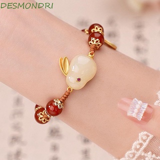 Desmondri สร้อยข้อมือหยก กระต่าย บุคลิกภาพ ย้อนยุค เครื่องประดับ ของขวัญ สไตล์จีน สีแดง อาเกต สีเขียว สไตล์เกาหลี สร้อยข้อมือ