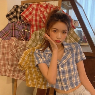 เสื้อครอปแขนสั้นลําลอง เข้ารูป ลายสก๊อต สไตล์เกาหลีเรโทร สําหรับผู้หญิง
