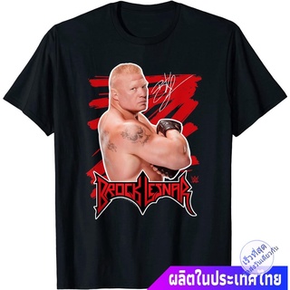 มวยปล้ำอาชีพ มวย มวยปล้ำลีก อเมริกา WWE Brock Lesnar With Logo And Signature T-Shirt คอกลม แฟชั่น  ผ้าฝ้ายแท้ เสื้อยืด ผ