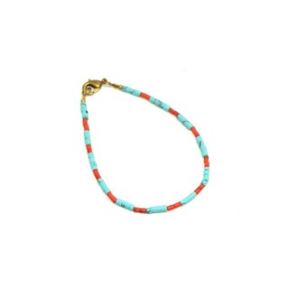 สร้อยข้อมือ สร้อยข้อเท้า หินเทอร์ควอยส์ หินปะการัง ทองเหลือง แฮนเมด Tiny Turquoise and Coral Tube Beads Bracelet, Anklet