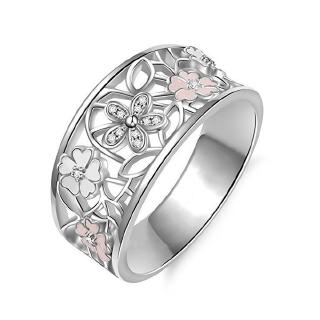 สินค้า แหวนเงิน รูปดอกซากุระนําโชค ประดับเพชร สีชมพู 4 ใบ สำหรับผู้หญิง