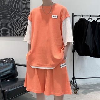 ✘✲▤วาฟเฟิลชุดลำลองชายฤดูร้อนปลอมสองชิ้นแนวโน้มเสื้อยืดแขนสั้น INS สไตล์ฮ่องกงเสื้อผ้ากีฬาแบรนด์กางเกงขาสั้น