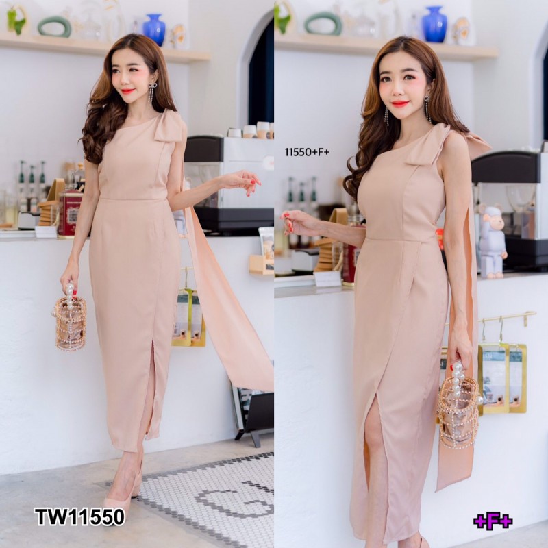 tw11550-เดรสไหล่เดียว-แต่งโบว์-1-ข้าง-ปล่อยสไบสวยๆ