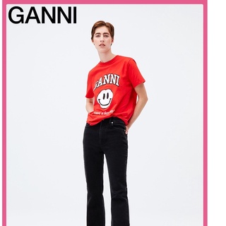 Ganni เสื้อยืดลําลอง แขนสั้น คอกลม ลายหน้ายิ้ม สีแดง แฟชั่นฤดูใบไม้ผลิ สําหรับสตรีS-5XL