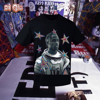 คอลูกเรือเสื้อยืดคอกลม21 สินค้าเดิม/เสื้อยืดคอกลม Oversize/Rap series&amp;Travis Scott Collection/Pentagonal aviation suit/ด