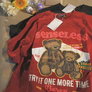 2021 spring and summer new Korean style retro bear printed short-sleeved T-shirt female student all-matching printed cou