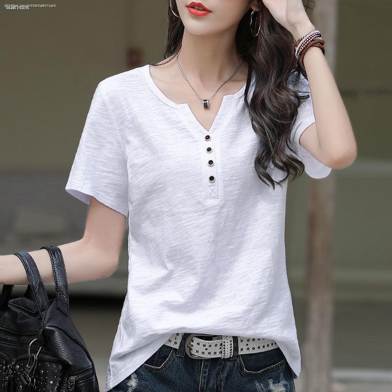 ฤดูร้อนใหม่ผ้าฝ้ายแท้แขนสั้นเสื้อยืดผู้หญิงหลวมขนาดใหญ่คอวีครึ่งแขนด้านบน