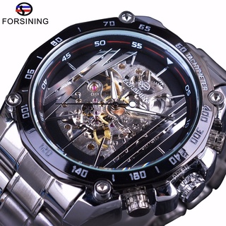 Forsining Military Sport Design Automatic Transparent Silver Stainless Steel Skeleton Mens Mechanical Watches Top Brand