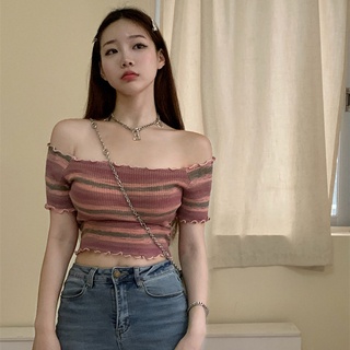 WANG JIAO ZHAN เสื้อยืดแขนสั้นไหล่เดียวลายทาง