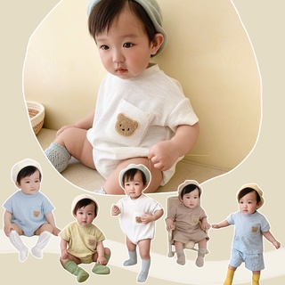 ชุดจั๊มสูท แขนสั้น ผ้าฝ้าย ปักลายหมี สําหรับเด็กทารกแรกเกิดผู้ชาย และเด็กผู้หญิง
