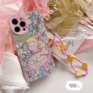 พร้อมส่งจากไทย 💓 เลนส์หัวใจ+สายกางโปงชมพู เคสลายดอกไม้ เคสแถมสายห้อย เคสสำหรับไอโฟน