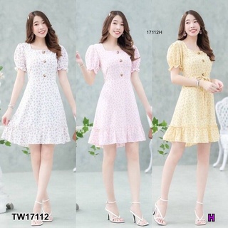 &lt;TW17112&gt;Mini dress แขนตุ๊กตาลายดอกเล็กทรงคอเหลี่ยม ติดกระดุมหลอกด้านหน้า ระบายย่นที่ชายกระโปรงซิปซ่อนด้านหลัง มีซัปใน