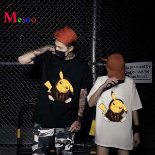 Fashion Oversize Loose Shirts Men tee Short-sleeved T-shirt Pikachu Anime Casual shirt Couples dress Meshoเสื้อยืด