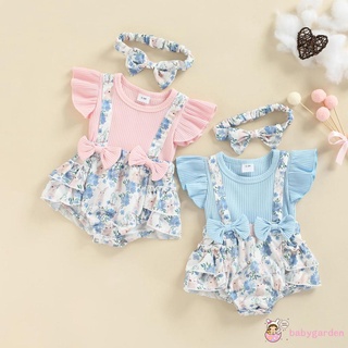 BABYGARDEN-Baby Girls Romper and Headband, Fly Sleeves Patchwork Flower Print Jumpsuit for Infant, Blue/ Pink