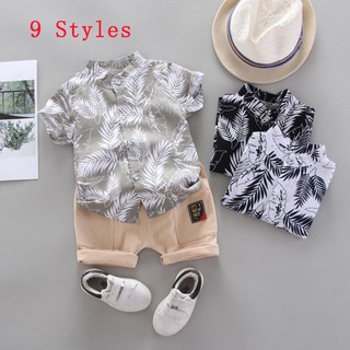 ✨ Kimi ๑ Baby Fashion Kids Boy Leaves Pattern Short Sleeve Stand Collar Shirt Tops + Shorts 2Pcs Set Child Summer Casual Outfits