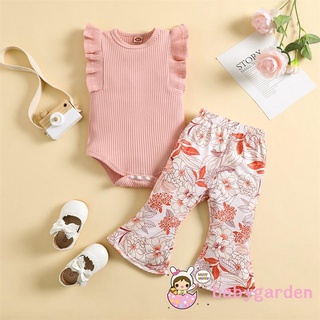 Babygarden-0-24 เดือน ชุดรอมเปอร์ แขนกุด สีพื้น และกางเกงบาน พิมพ์ลายดอกไม้ แฟชั่นฤดูร้อน สําหรับเด็กผู้หญิง 2 ชิ้น