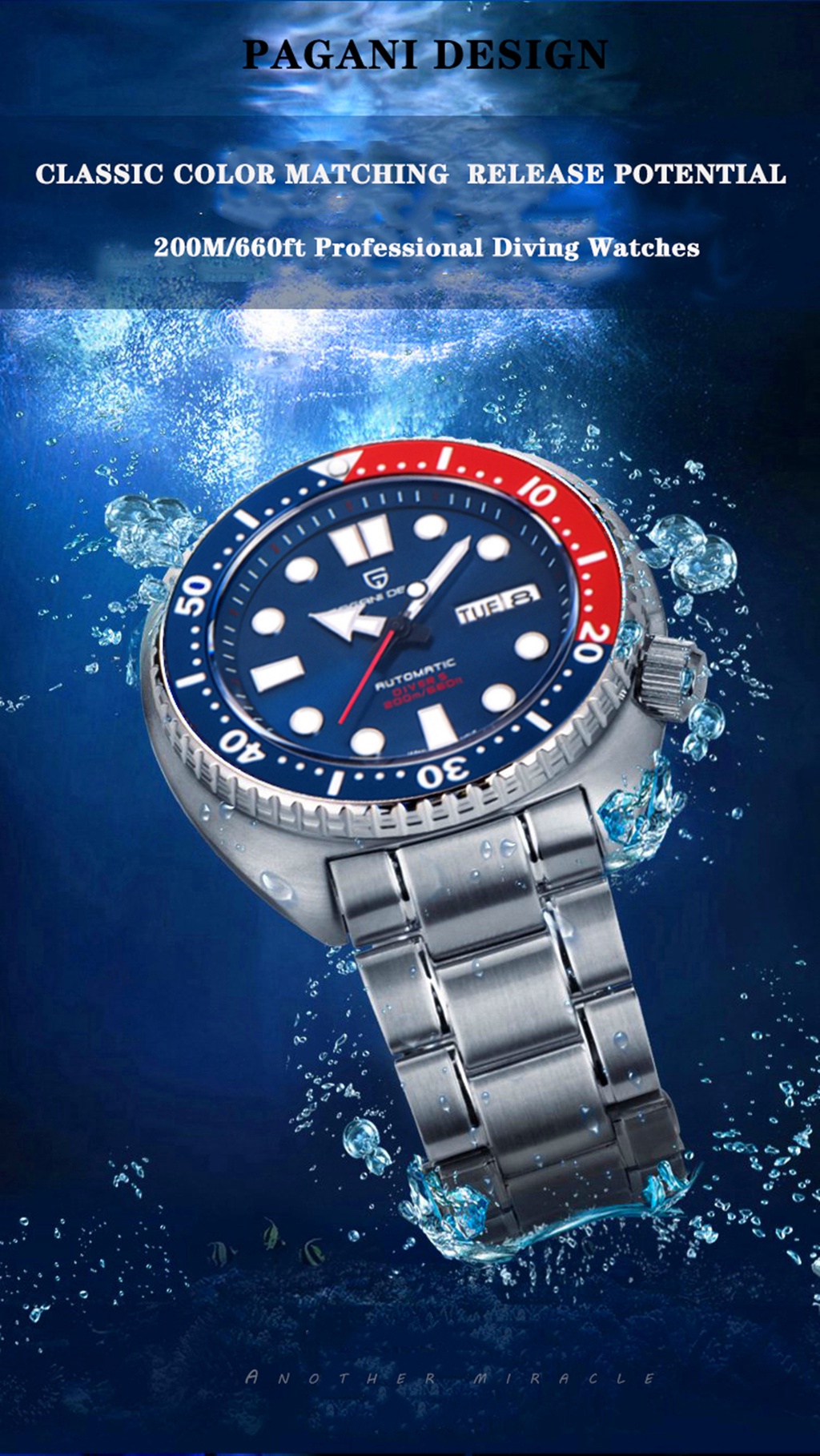 มุมมองเพิ่มเติมของสินค้า Pagani Design Original 45MM ดำน้ำอัตโนมัตินาฬิกา Seiko NH36 สแตนเลส 20Bar กันน้ำนาฬิกาผู้ชาย PD-1696