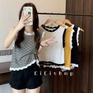 Cicishop(26cx06)เสื้อไหมพรมแขนกุดคอกลมดีเทลขอบลูกไม้ สีทูโทนน่ารักมากกได้ลุคมินิมอลลสุดๆ