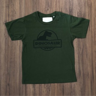 เสื้อยืดเด็กแขนสั้น ลายไดโนเสาร์tyrannosaurus rex สีเขียวทหาร