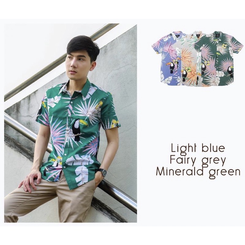 เสื้อเชิ้ต-ผ้า-cotton-พิมพ์ลาย-นกเงือก-ผ้าสวย-ใส่สบาย-มี-สีฟ้า-และ-สีเขียว