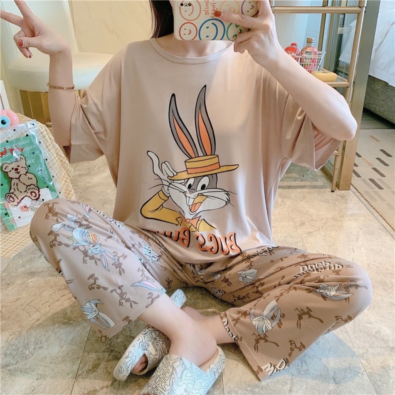 พร้อมส่ง-ชุดนอนเกาหลี-ชุดนอนdisney-เสื้อยืด-กางเกงขายาว-free-size