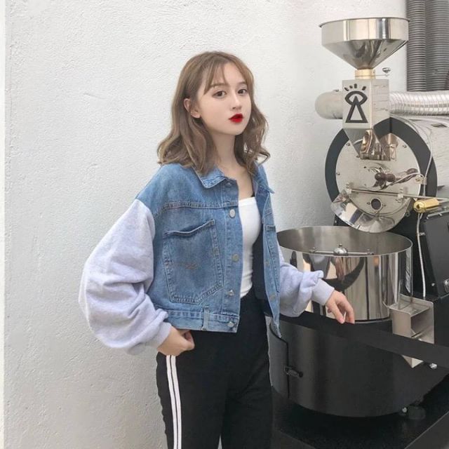 แจ็คเก็ตยีนส์แขนเทาทรงครอป-แบบฮอตฮิต