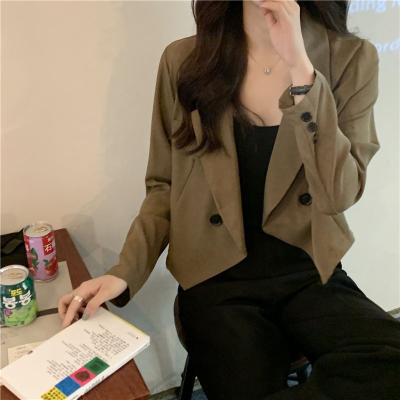 2021hot-saleเสื้อผ้าผู้หญิงแฟชั่นเกาหลีใหม่-เสื้อคลุมสั้นคาร์ดิแกน-มีสีกากี-ขาว-ดำ-3-สี-เสื้อสูทตัวเล็กแขนยาว
