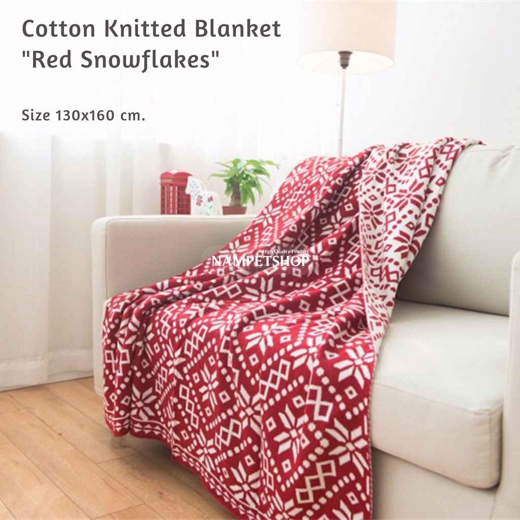 ผ้าห่ม European Cotton Knitted Blanket ขนาด 130x160 cm. (Red Snowflakes ...