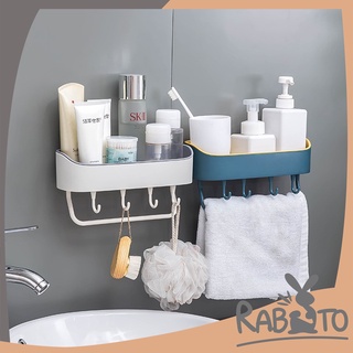 RABITO ชั้นวางของ ติดผนัง  ชั้นวางของในห้องน้ำ พร้อมตะขอแขวน4ตะขอ ชั้นวางของพลาสติกอเนกประสงค์ V4