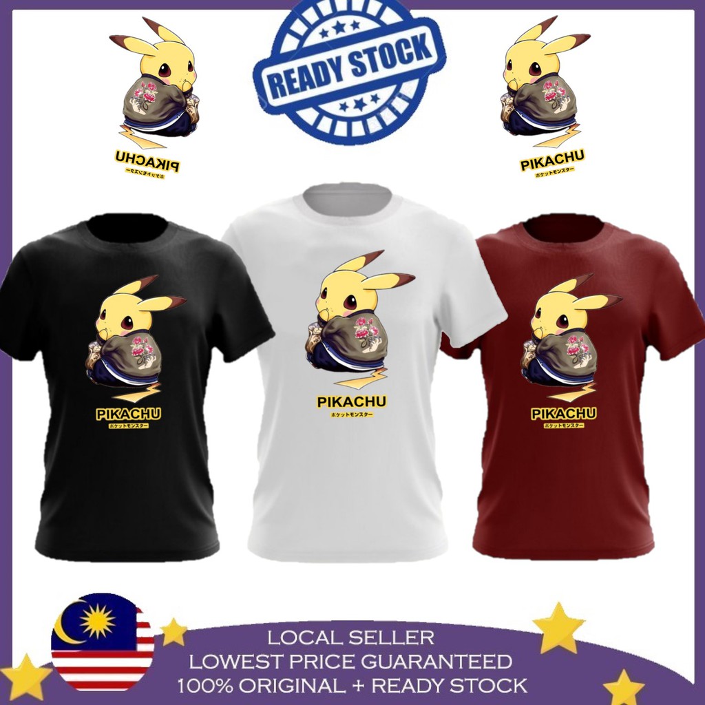 เสื้อยืด-ผ้าฝ้าย-100-พิมพ์ลาย-pikachu-sakura-baju-unisex