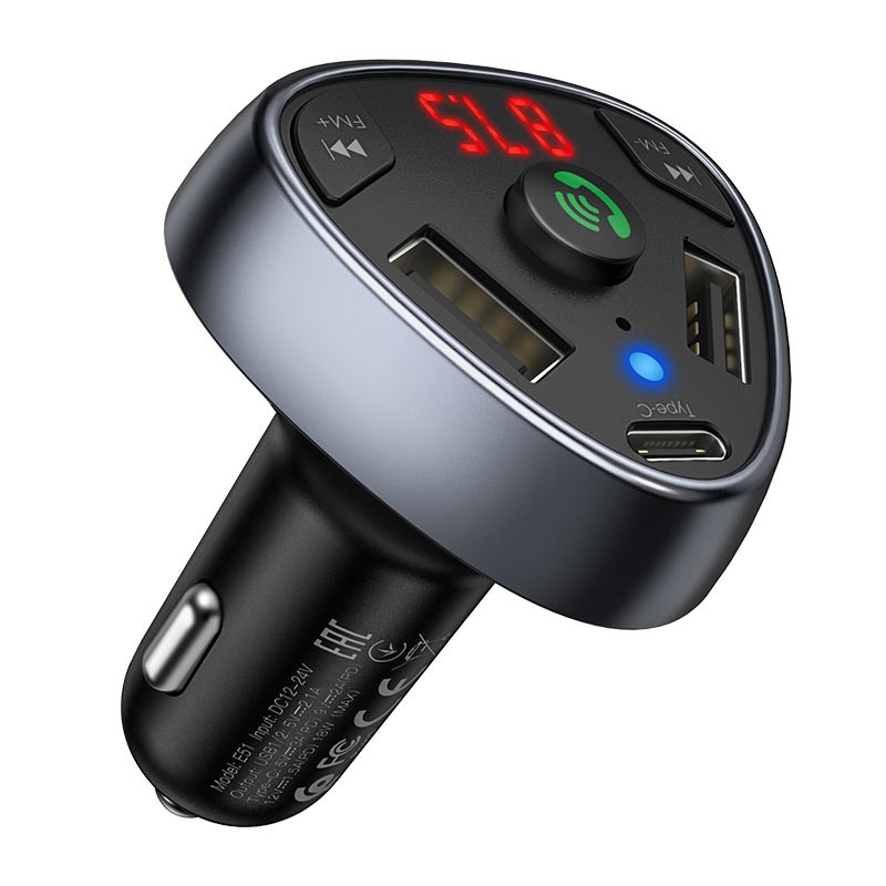 e51-hoco-car-charger-in-car-charger-bt-v5-0-fm-transmitter-dual-usb-output-3-1a-and-type-c-output-18w-เครื่องชาร์จรถ