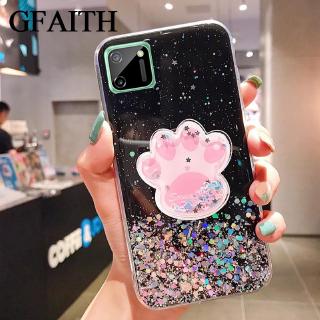 เรียวมี C11  เคสโทรศัพท์ Realme C11 Case Transparent Bling Soft Cover With Cat Claw Bracket Stand Holder