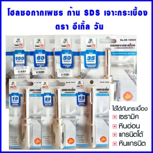 ภาพสินค้าโฮลซอ ดอกเจาะกระเบื้อง หินแกรนิต พร้อมดอกนำร่องในตัว ก้าน SDS ตราอีเกิ้ลวัน 50-100 มม. จากร้าน tnprowatsadu บน Shopee ภาพที่ 1