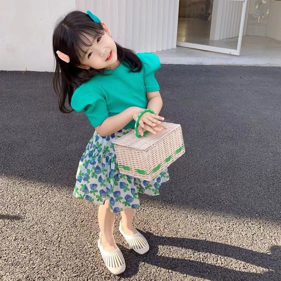 babycat-พร้อมส่ง-ลดกระหน่ํา-ชุดเสื้อยืดแขนพัฟ-กระโปรง-ลายดอกไม้-สีเขียว-สไตล์เกาหลี-ญี่ปุ่น-ฤดูร้อน-สําหรับเด็กผู้หญิง-2022