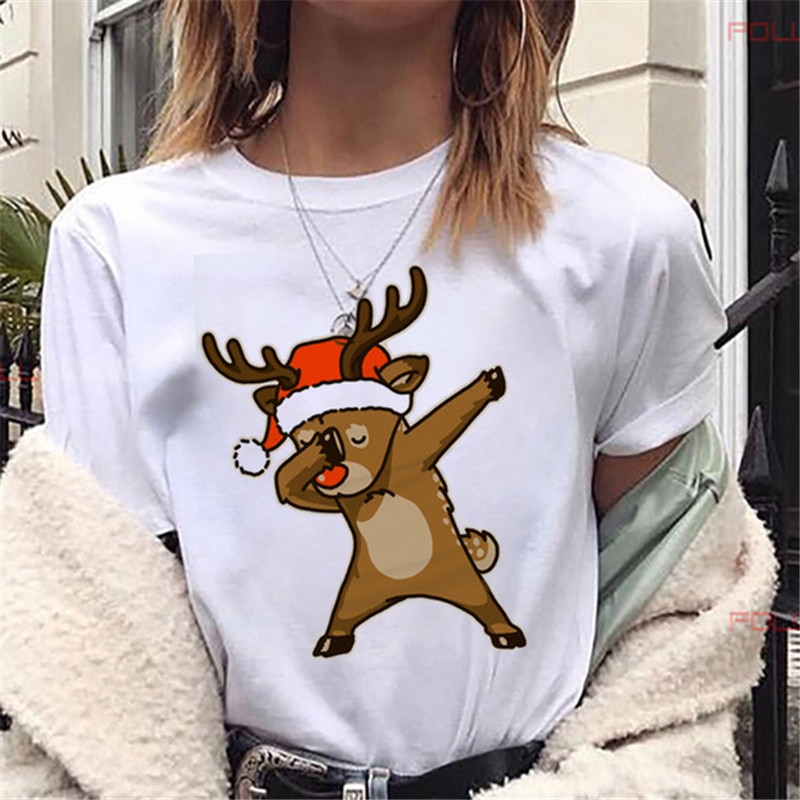 พร้อมส่ง-new-lovely-deer-t-shirt-harajuku-women-fashion-christmas-printed-short-sleeve-t-shirt-white-suitable