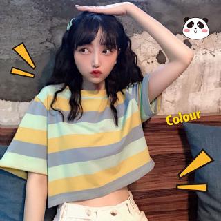 เสื้อยืดแขนสั้น ผ้าฝ้าย เอวสูง ทรงหลวม ลายทาง สไตล์เกาหลี ฮาราจูกุ สุดเซ็กซี่ เหมาะกับฤดูร้อน สําหรับผู้หญิง