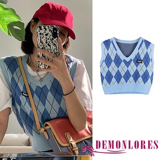 Demq- เสื้อท็อปคอวีแขนกุดระบายอากาศพิมพ์ลาย Rhombus Retro สําหรับผู้หญิง