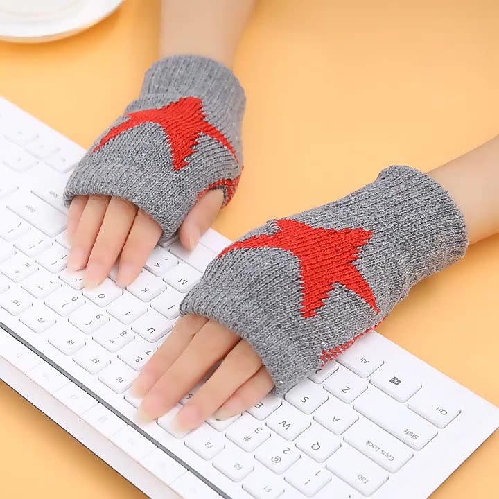 ถุงมือถัก-แบบครึ่งนิ้ว-ลายดาวห้าแฉก-ให้ความอบอุ่น-กลางแจ้ง-y2k