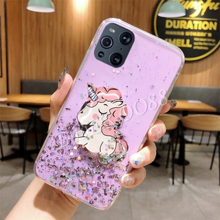 มีของพร้อมส่ง เคสโทรศัพท์ OPPO Find X3 Pro Phone Case Cute Cartoon Unicorn Glitter Bling Transparent Case Softcase Full Stars With Water Stand Holder Casing เคสซิลิโคน ออปโป้FindX3 Pro Back Cover