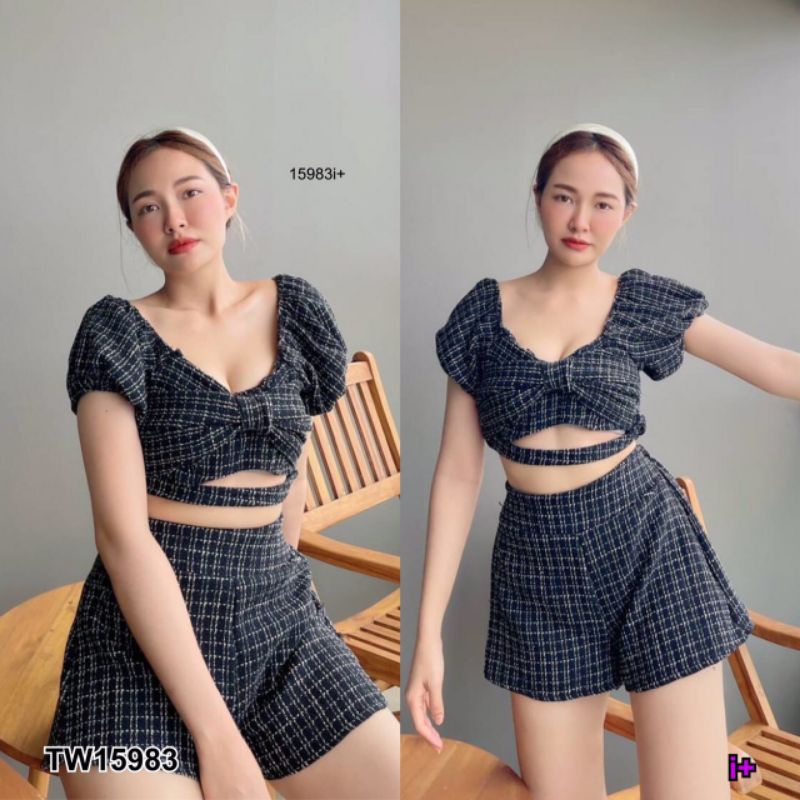 สอบถามสต้อกก่อนโอนค่า-tw15983-เสื้อทรงครอป-กางเกงขาสั้น-สีขาว-ครีม-ดำ