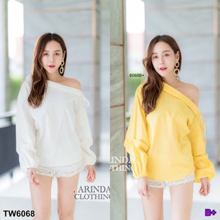 เสื้อไหล่เดียวสม้อคผูกโบว์ แขนยาวจั๊มปลาย