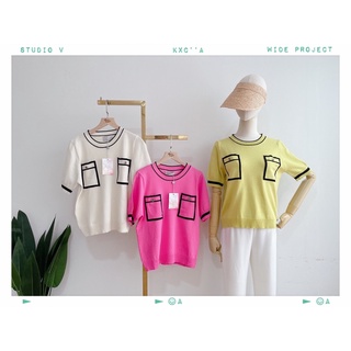 เสื้อไหมพรมบางสไตล์ CC ฮิตสุดนาทีนี้ แต่งขอบดำ กระดุมทองหรูหรา เอวจั้มแต่ไม่รัด ใส่สวยมาก