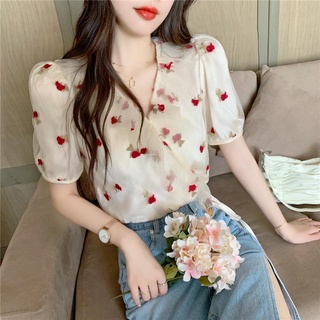 พร้อมส่ง🔥 เสื้อเชิ้ตพิมพ์ลาย ผ้าชีฟอง เสื้อเชิ้ตคอวีแขนสั้น สไตล์เกาหลี เสื้อทำงานทรงหลวม
