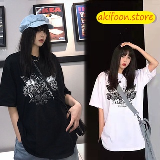 AKIFOON🌷พร้อมส่ง🌷เสื้อยืดผู้หญิงแฟชั่นเกาหลี เสื้อแขนสั้นเว้าอก เสื้อคู่ ผ้าเด้งใส่สบาย เสื้อยืดผญสวยๆ oversizes t-shirt